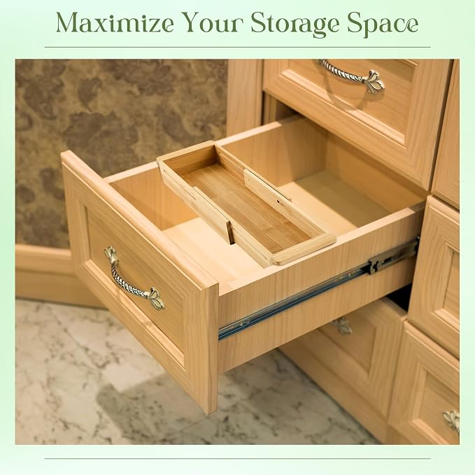 LemonRoad 2 Pcs Sliding Drawer Organizer 12.4-17.7 Inch Bin Bamboo Drawer Expandable Bins Utensil Organizer for Kitchen Spoons Forks Knives (Wood)