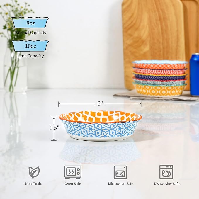 Selamica Ceramic Mini Pie Pans, 6 Inch Pie Dish for Baking, Small Pie Plate with Fluted Edge for Dessert Apple Pie, Oven Safe, Set of 6, Assorted Colors