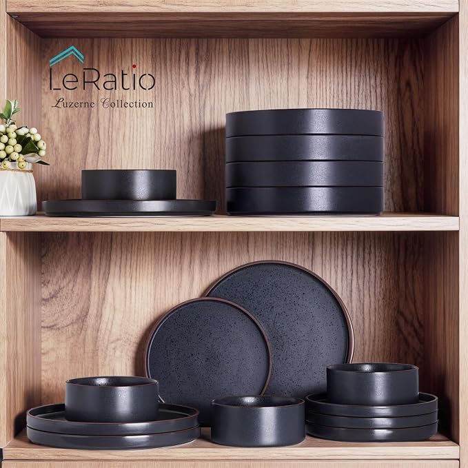 LERATIO Stoneware Dinnerware Sets for 8,24-Piece Matte Plates and Bowls Set | Handmade High Edge Rim Dish Set,Oven & Microwave,Dishwasher Safe,Scratch Resistant-Ashen