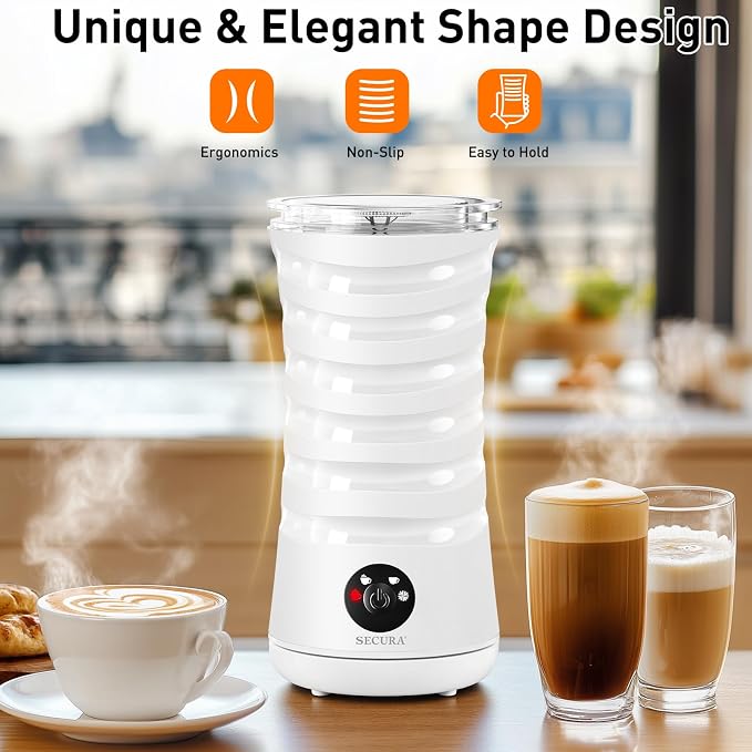 Secura Electric Milk Frother, 4-in-1 Automatic Hot & Cold Foam Maker | Quiet Operation & Easy Cleanup – Create Rich, Smooth Foam for Lattes and Cappuccinos, Includes Silicone Spatula