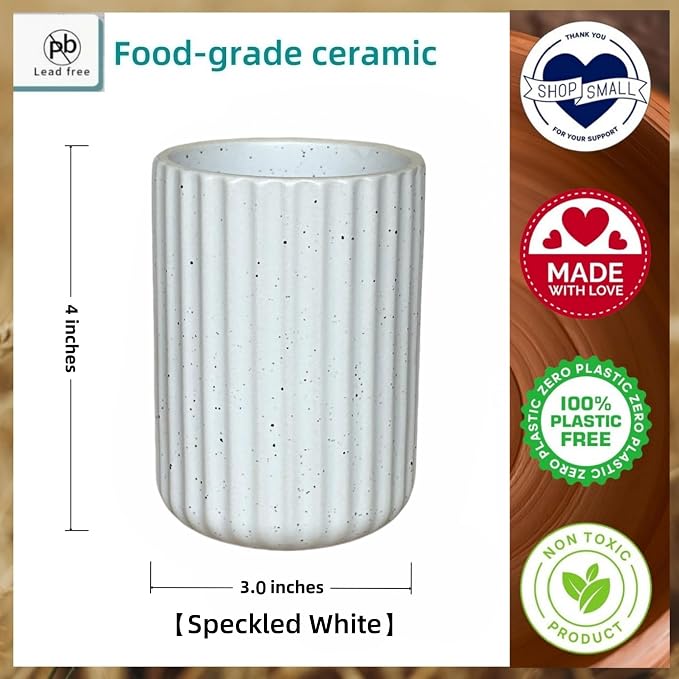 TOPYOKK Stoneware Coffee Bar Utensil Holder Tea & Coffee Spoon & Stirrer Holder for Stir Stick Straw Teaspoon Holder Espresso Spoon Cup Small Utensil Jar Fluted Vertical Stripe (Speckled White)