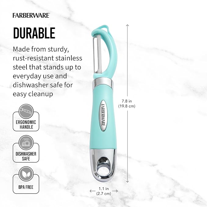 Farberware Vegetable Peeler, Pro2 Euro Peeler with Sharp Stainless Steel Swivel Blade and Ergonomic Handle, Dishwasher Safe, Aqua Sky