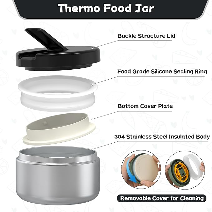 Aimsnk Kids Lunch Box with Thermo Insulated Lunch Bag for School, Black | Kids Bento Lunch Box with 8oz Food Jar, Leak Proof Hot Soup Lunch Containers with 4 Compartment, Warm Lunchbox for Toddler