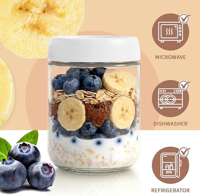 Yogurt Containers with Lid, Overnight Oats Container, Parfait Cups with Lid | Wide Mouth Mason Jars 16oz, Glass Jar with Airtight Lid for Yogurt, Chia, Sugar, Snack, Oats, Food Storage, Parfait, Candy