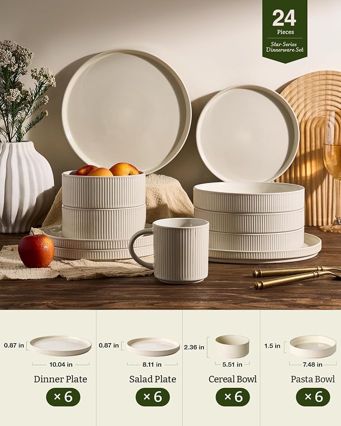 Famiware Stoneware Dinnerware Set with Pasta Bowls, Oat White Dishes for 6 | 24-Piece Ceramic Double Bowls & Flat Plates, Chip & Scratch Resistant, Microwave & Dishwasher Safe, Everyday Dining, Modern