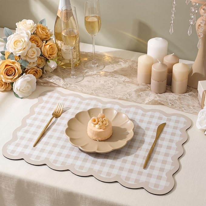 Brown Scalloped Gingham Coffee Mat 12" x 20" Absorbent Bar Mat | Gingham Espresso Matt with Non Slip Rubber Backing for Coffee Countertops