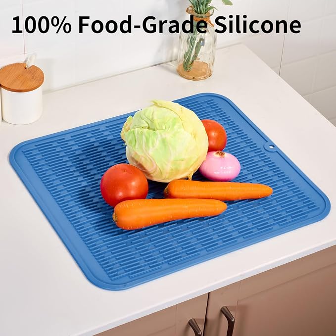ZLR Oversized Silicone Dish Drying Mat for Kitchen, 16"x18", Lichen Blue | Family-Size Drainboard for Pots & Pans, Thick 4mm No-Curl, Heat-Resistant Trivet to 450°F, Non-Slip, Rolls to Store