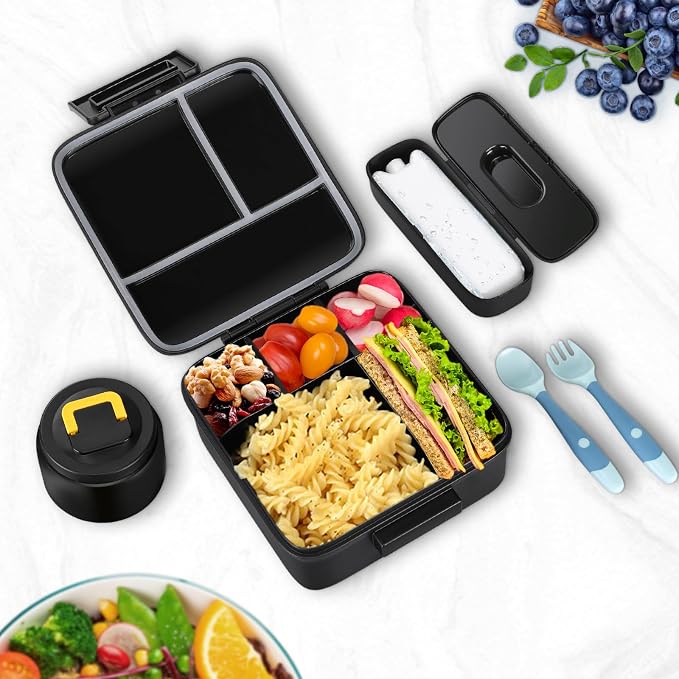 JXXM Bento Lunch Box for Kids With 8oz Soup Thermo,Leak-proof Lunch Containers with 5 Compartment,Thermo Food Jar and Lunch Bag, Food Containers for School (A-Black(Circumnavigate Space))
