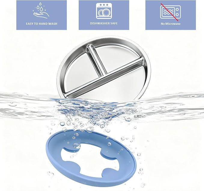 Bakpoco Stainless Steel Suction Plates for Toddlers, 8" Divided Kids Baby Plates with Removable Silicone Suction, Non Toxic Non Slip Portion Control Snack Dishes 3 Packs, Blue Gray Navy