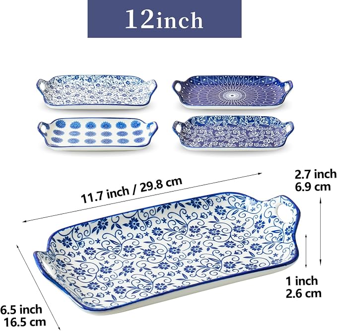 Serving Tray with Handles - 12 Inch Large Ceramic Rectangle Turkey Serving Platter for Food Meat - Porcelain Serving Dish for Entertaining Thanksgiving - Oven Safe - Set of 4 - Vintage Blue