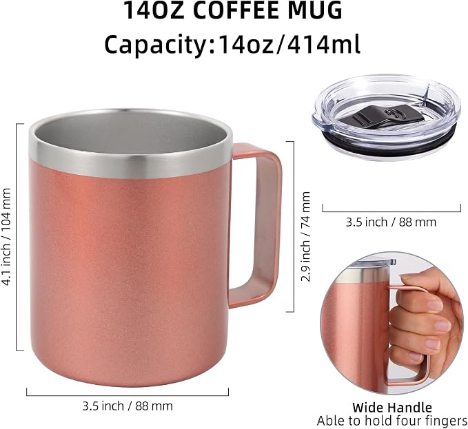 Volhoply 14oz Insulated Stainless Steel Coffee Mug with Lid Bulk 8 Pack,Double Wall Vacuum Travel Coffee Cup with Handle,Reusable Cups Tumbler Cup,Camping Mugs Keep Hot,Ideal Gifts(Rose Gold,8)