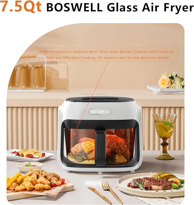 BOSWELL 7.5 QT Large Glass Air Fryer, 6-1 Preset Cook Modes | Transparent Fry Bowl, White, Circulating Heating & Temperature Control, Steak, Fries, Bake,Chicken, Dishwasher Safe