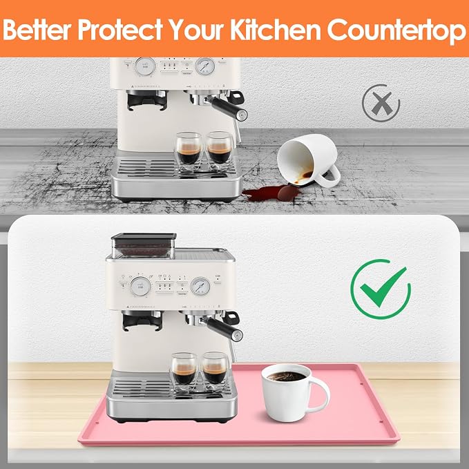Silicone Coffee Maker Mat with Lip for Countertops, 19.7'' x 15'', Pink | Multi leak-proof coffee tray for countertop, non-slip silicone tray for under coffee machine espresso accessory, wipe-clean