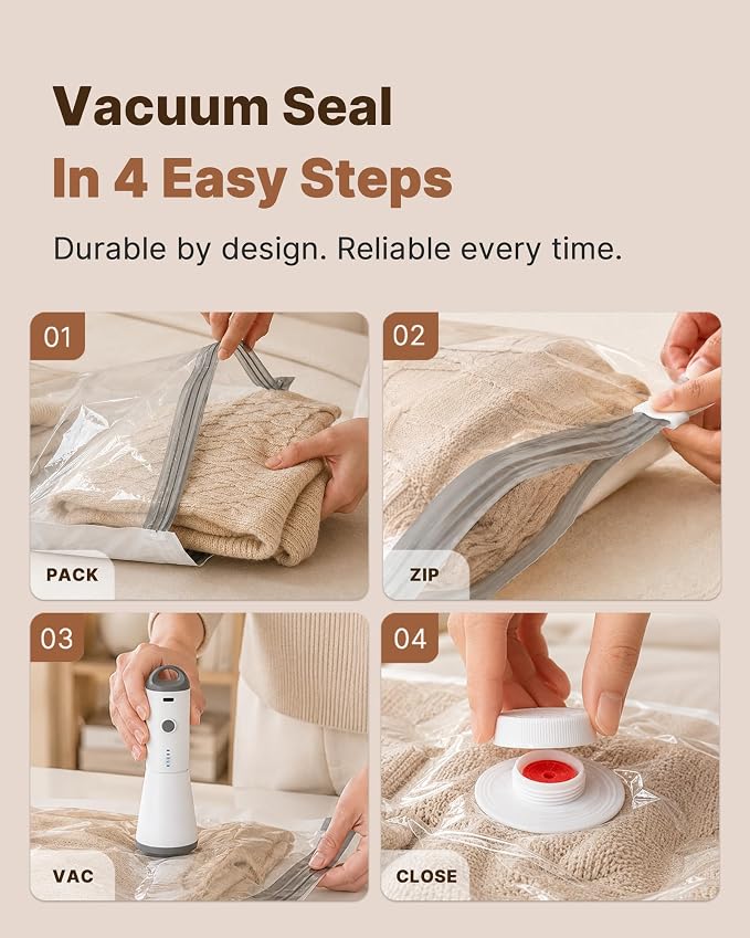 Vacbird Vacuum Seal Bags for Clothing, 16 Pack Vacuum Storage Bags with Rechargeable Cordless Air Pump(4J+4L+4M+4S), Space Saver Bags for Clothes Blanket Duvets Pillows Comforters Travel