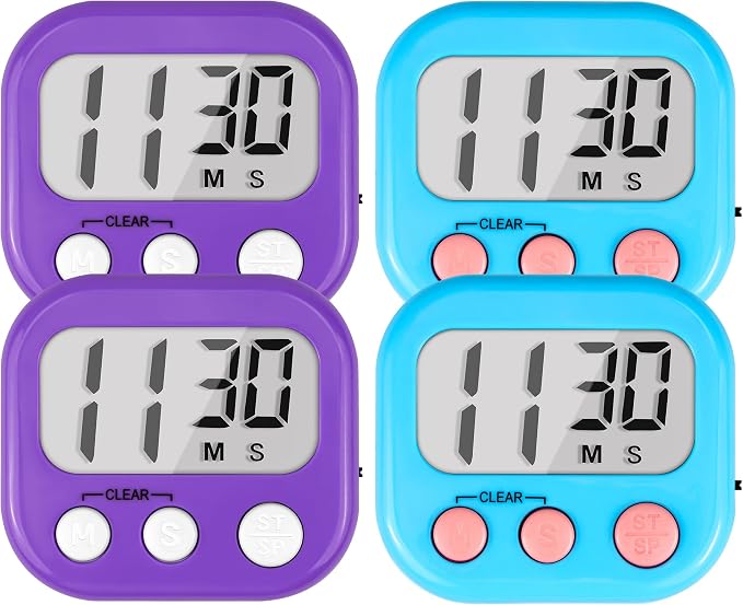 Timer for Kids Digital Kitchen Timers for Cooking- 4 Pack Blue Purple | Countdown Timer for Classroom Study Exercise Teacher Supplies, Strong Magnetic, Loud Alarm, Large Screen, Fast Reset, Memory