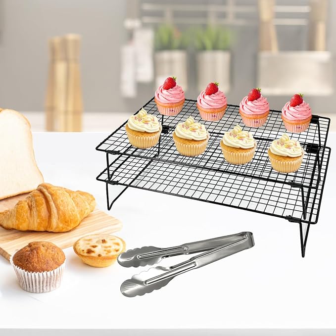 2-Pack 16.9x11inch Cooling Rack with Collapsible Legs & Food Tongs | Folding Cooking Baking Grilling Rack for Oven, Drying, Roasting (Black)