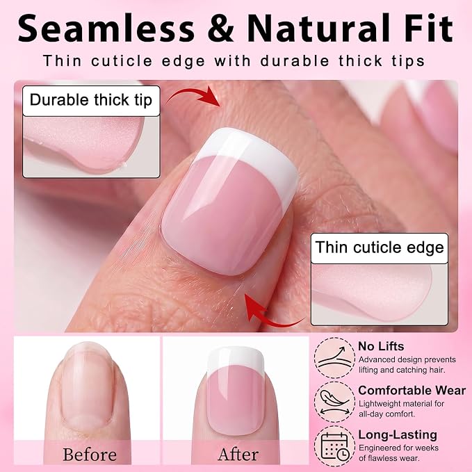 240pc Short French Tip Press on Nails Square Fake Nails with Glue Tabs | Short Nails Press ons Square Glue on Nails Pink Acrylic Nails Stick False Nail Artificial Fingernail for Women Girls