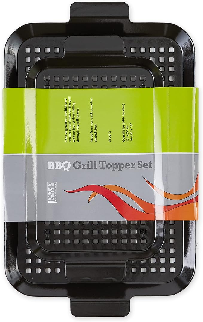 RSVP International Porcelain Coated Steel BBQ Grill Tray/Pan, Outdoor Barbeque Grilling Accessories for Cooking Fish & Vegetables, Dishwasher Safe, Small, 13x7.25/Medium, 16.75x10"