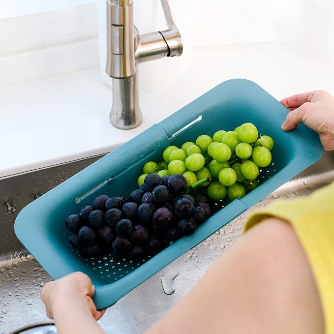 BLUE GINKGO Over the Sink Colander Strainer Basket - Wash Vegetables and Fruits, Drain Cooked Pasta and Dry Dishes - Extendable - New Home Kitchen Essentials (7.9 W x 14.5-19.5 L x 2.75 H) - Teal | Fits Most Sinks. Rinse, Drain and Dry with Ease.