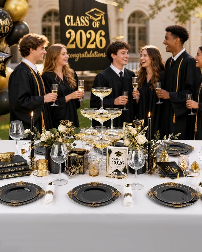 Nervure 175Pcs Black Plastic Plates, Disposable Party Plates for 25 Guests | 25 7.5" Dessert & 25 10.25" Dinner Plastic Plates, 75 Gold Cutlery, 25 9oz Cups, 25 Napkin for Wedding, Party & Retirement