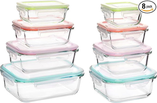 Vtopmart 8 Pack Glass Food Storage Containers with Airtight Lids | Meal Prep Lunch Containers, Leakproof, Leftover Storage, Take-out, Microwave, Oven, Freezer and Dishwasher Safe, BPA Free