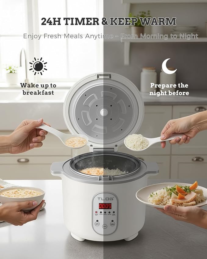 TLOG Low Carb Rice Cooker, 4-Cup Uncooked, 2L, 5 Presets, 24H Timer | 304 stainless steel steamer basket, automatic keep warm, low-sugar cooking, for rice, grains and everyday meal prep