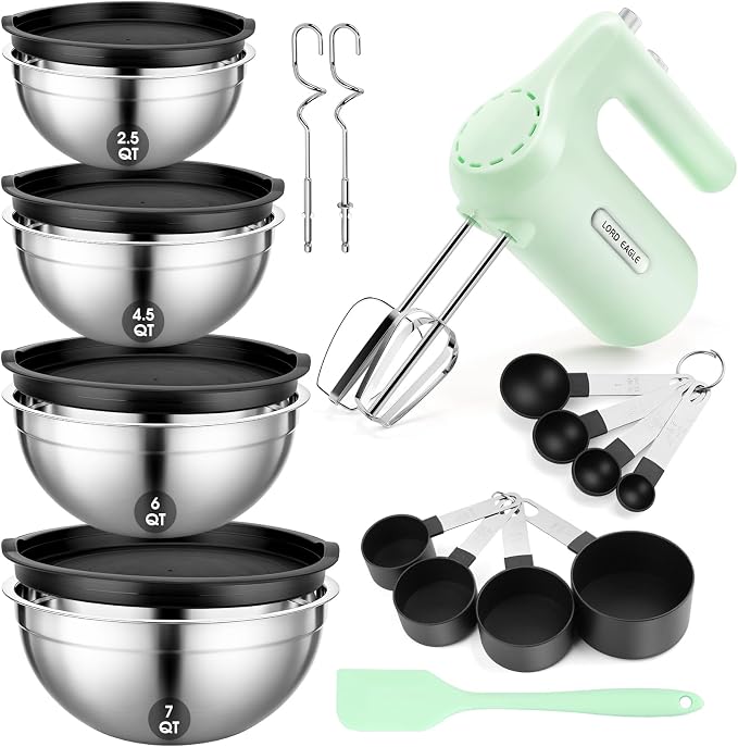 Lord Eagle 5-Speed Hand Mixer Electric With 4 Mixing Bowls Set | 300W Lightweight Kitchen Handheld Mixer with Measuring Cups & Spoons, Stainless Steel Bowls, Baking Supplies for Cake, Green