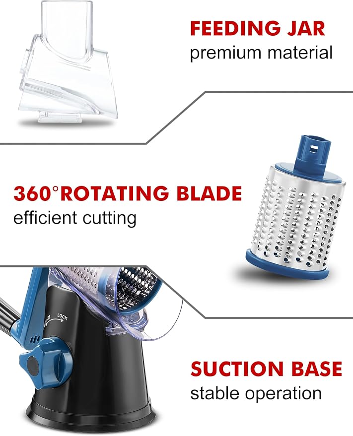 GDL Cheese Grater Hand Crank, Rotary Cheese shredder, Vegetable Slicer | 3 Stainless Steel Blades, 12x Fast Cutting, Non-slip Suction Base, No BPA, Dishwasher Safe, Easy Use for Cheese, Veggies, Nut