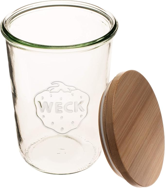 WECK Canning Jars 743-25.3 fl. oz Mold Jars - Eco-Friendly Canning Jar - Storage for Food, Yogurt with Air Tight Seal and Lid - 3/4 Liter Tall Jars Set - Set of (2 Jars with Wooden Lids)