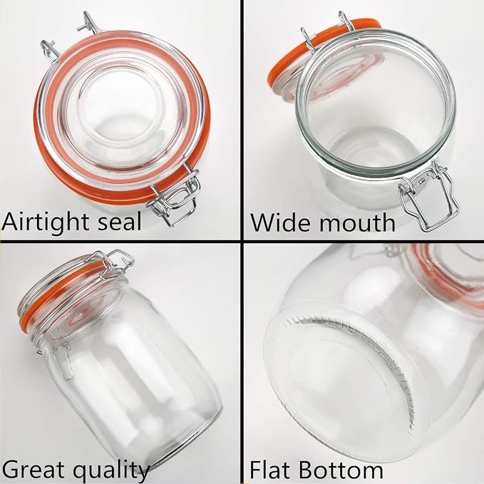Glass Jars 32oz,Airtight Glass Food Storage Jar with Clamp Lid,1000ml Rounded Airtight Canister with Leak Proof Rubber Gasket,Clear Glass Kitchen Jars for Dry Food,Cereal,Beans,6 Pack