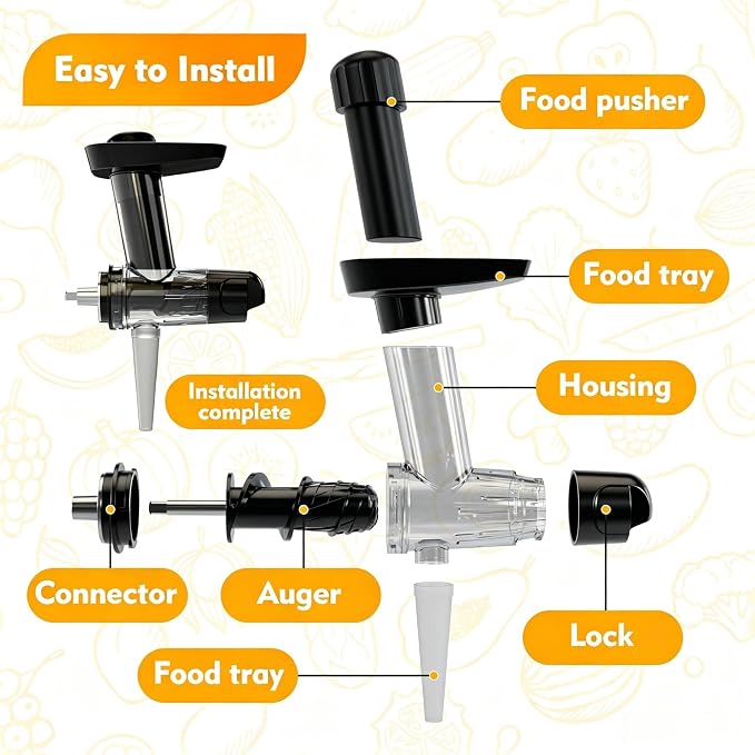 Juicer Attachment for Kitchen aid Stand Mixers, Large Feed Chute | Masticating Juicer for apples,oranges,red beet,celery,carrots, leafy greens with high yield, easy disassembly and hand-wash