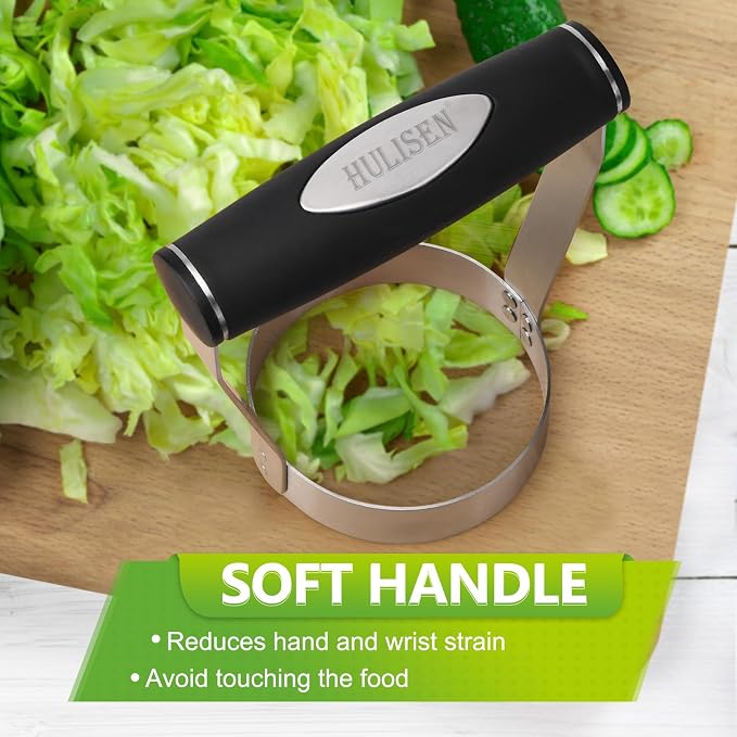 HULISEN Food Chopper Manual Hand, Stainless Steel Hand Chopper, Plain Edge | 3 inch Round, Ergonomic Rubber Handle, Chops Egg Nut Collard Tuna Salad & Ground Beef, Dishwasher Safe