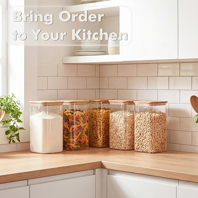 4.6Qt Large Glass Flour Sugar Storage Containers with Bamboo Lids | Wide Mouth Design, With Measuring Cup, Minimalist Kitchen Organizer,Scandinavian Style Storage,Nordic Style Storage