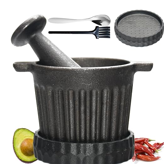 Cast Iron Mortar and Pestle Set with Grater Plate, Brush and Spoon | Heavy-duty cast iron mortar and pestle set with grater plate, brush and spoon for grinding spices, herbs and garlic.