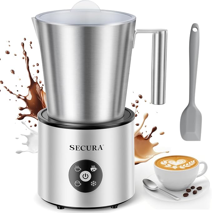 Secura 4-in-1 Electric Milk Frother, 17oz Stainless Steel Jug, Teflon-Free | Milk Steamer, Hot Chocolate Maker, Dishwasher Safe, One Touch Control, Overheat Protection, Includes Spatula & 2 Whisks