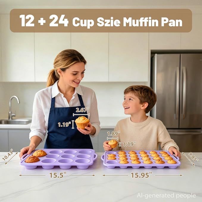 Silicone Muffin Pan Set: Non Stick 12 & 24 Silicone Muffin Pans for Baking | Easy Release - Complete Shaping Each Use Avoid Re-baking - BPA-free Cupcake Tin Reinforced Frame for Oven Home Bakers Vnray