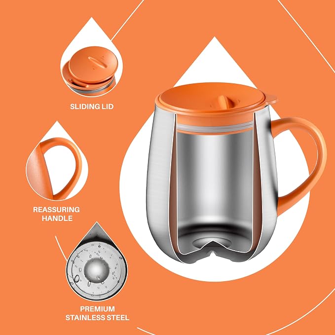Ideus 16 oz Insulated Coffee Mug with Handle and Lid, Double Wall Stainless Steel Vacuum Thermal Coffee Mug, Travel Coffee Cup Thermal Cup for Home and Office, Orange Tiger