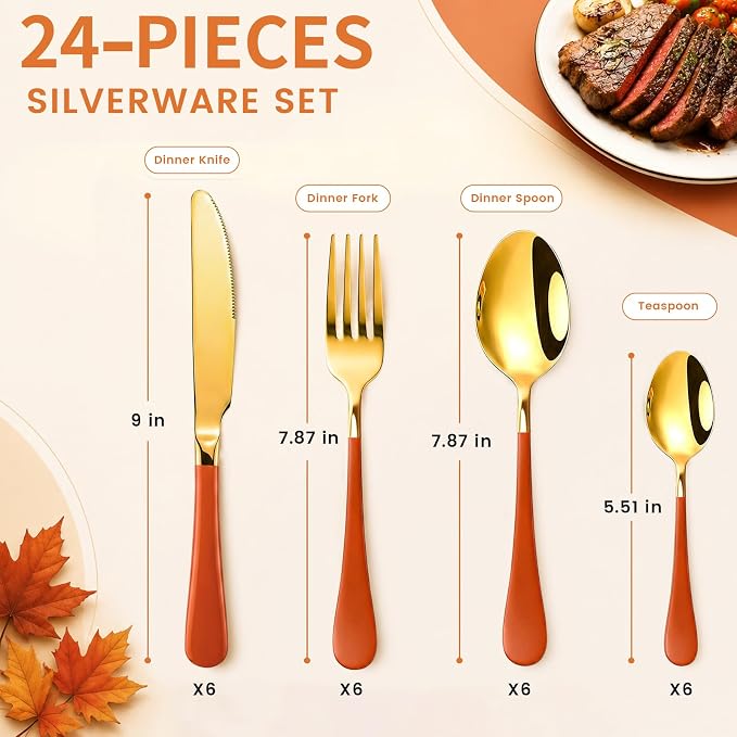 Orange Silverware Set with Holder for 6-24 Piece Stainless Steel Flatware Set with Spoons, Forks, Knives, Heavy Duty Mirror Polished Cutlery Set for Home, Kitchen, Restaurant (Orange-Gold)