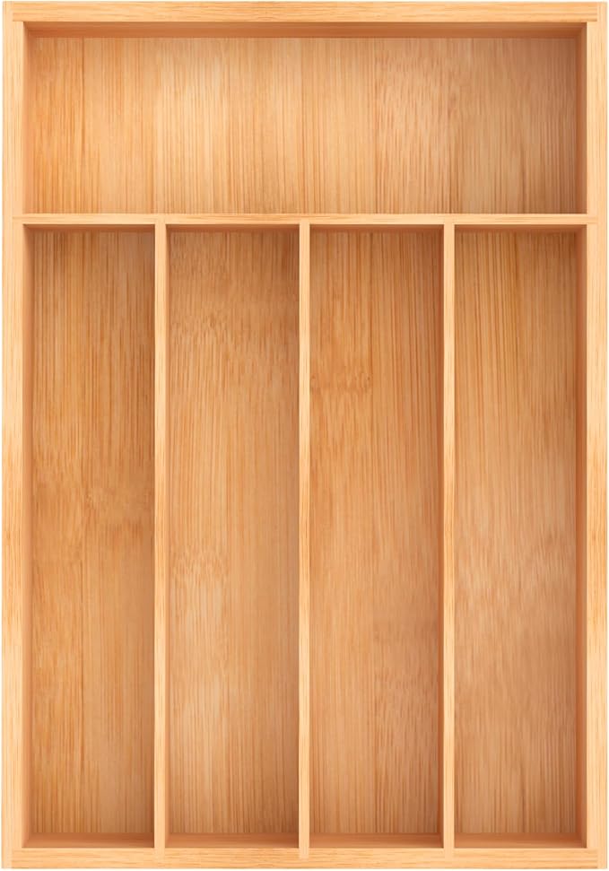Unibambou Bamboo Silverware Drawer Tray, Kitchen Flatware Cutlery Organizer | 5 slots kitchen storage tray, Natural Bamboo Material, Perfect organizer for flatware cutlery utensils, 9.8"W x 13.8"D x 2"H