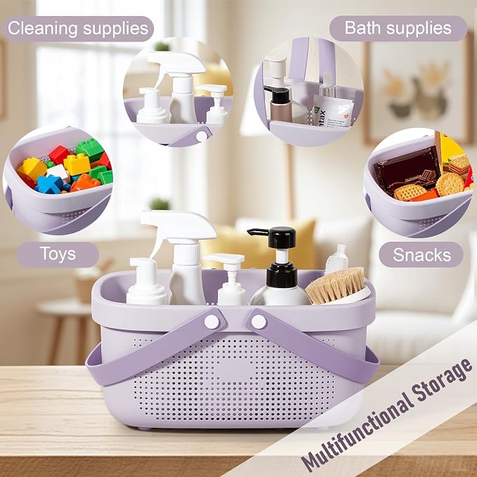 Portable Shower Caddy Basket with Handles Plastic Storage Basket ‌Purple | Sturdy Drainage Large Capacity Organizer Basket with Silicone Handles for Bathroom Kitchen Bedroom College Dorm Essentials