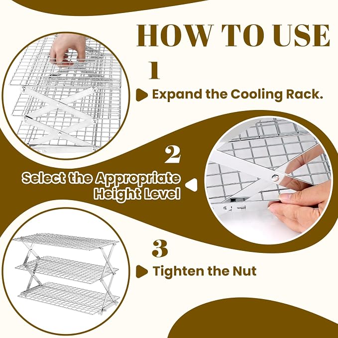 BEWOS 3-Tier Collapsible Cooling Rack - Adjustable Stainless Steel Baking Rack with X-Shaped Design and Leak-Proof Mesh Surface, Mirror Polished & Dishwasher Safe Cooling Rack