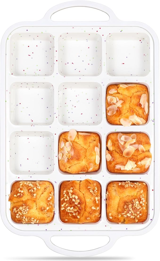 Mini Brownie Pan with Dividers, 12 Cup Square, Cream | Silicone, Metal Frame, Nonstick, Individual, Muffin Cupcake Pans