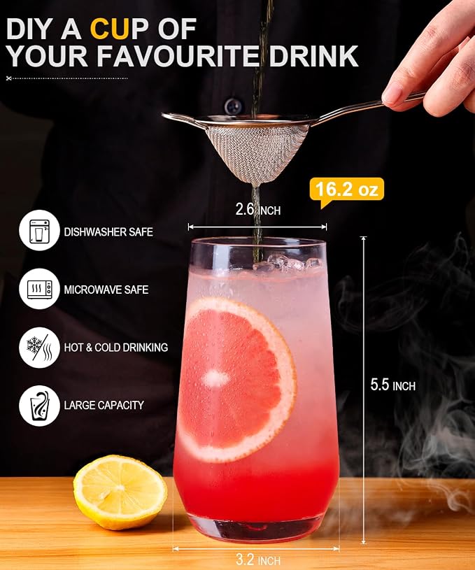 16.2oz Highball Drinking Glass Set of 6,Tall Lead-Free Crystal Water Glass