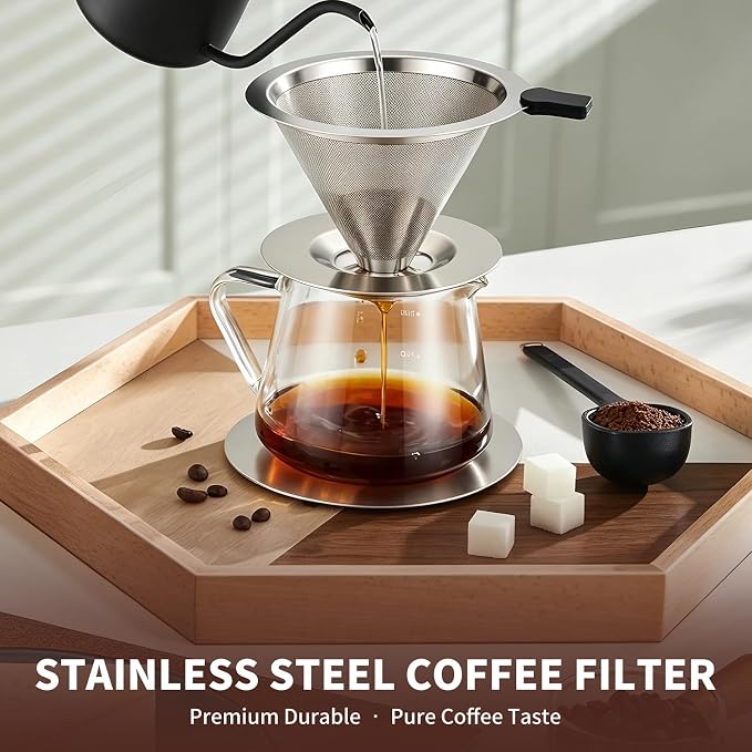 Pour Over Coffee Dripper, Reusable Stainless Steel 600 Mesh Coffee Filter | Paperless Double Mesh Pour Over Coffee Maker, Portable and Easy to Clean for 1-2 Cups with Heat-Resistant Silicone Handle