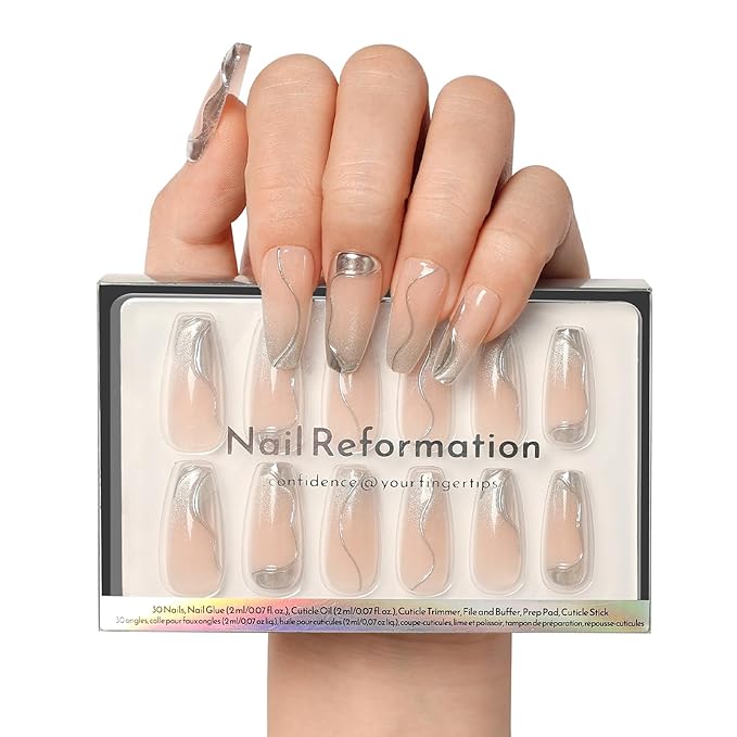 Nail Reformation Press On Nails, Shooting Star Pink Long Coffin Fake Nails | with 3D Metallic in a Glitter Finish, Reusable Stick On Nails in 15 Sizes - 30 False Nail Kit with Glue, Gifts for Women