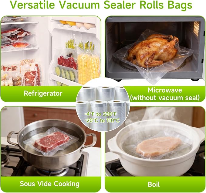 Vixino Vacuum Sealer Bags for Food, 6 Pack 3 Rolls 11" x 20' + 3 Rolls 8" x 20' Commercial Grade Vacuum Seal Bags Rolls, BPA Free, Customizable Size for Sous Vide, Freezer