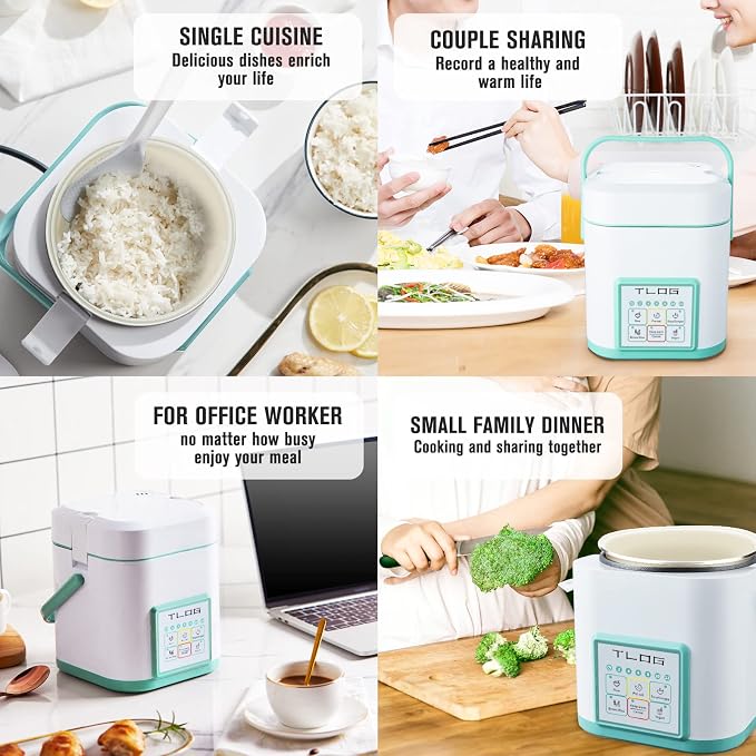 TLOG Mini Rice Cooker, 1.2L with Ceramic-Coated Pot, 2.5-Cup Uncooked | Food steamer, 12-hour delay timer, compact size for 1-2 people, for rice, grains, oatmeal, dorm rooms and travel