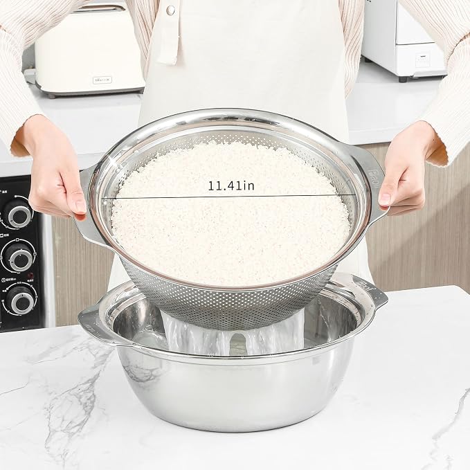 Paoli 304 Stainless Steel Fine Mesh Colander Set, 5QT Large Capacity Strainer with Mixing Bowl — Rinse Fruits, Veggies, Rice & Drain Pasta, Dishwasher Safe (2-Piece)