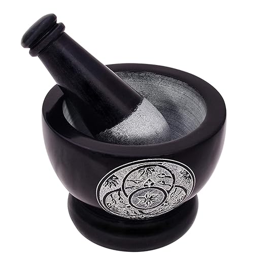 Mortar and Pestle, Made of Heavy Duty Polished Hard Stone, Natural Stone Grinder for Spices, Pastes, Herbs, Seasoning etc. (Black with Engraving)
