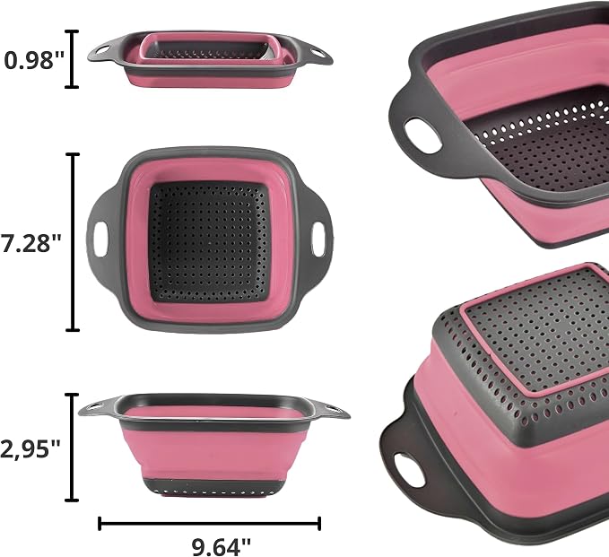 Pink Silicone Food Colander Kitchen – Small Collapsible Strainer with Handle Collapsable Strainer Kitchen Foldable Colander for Pasta Spaghetti Fruit Vegetable
